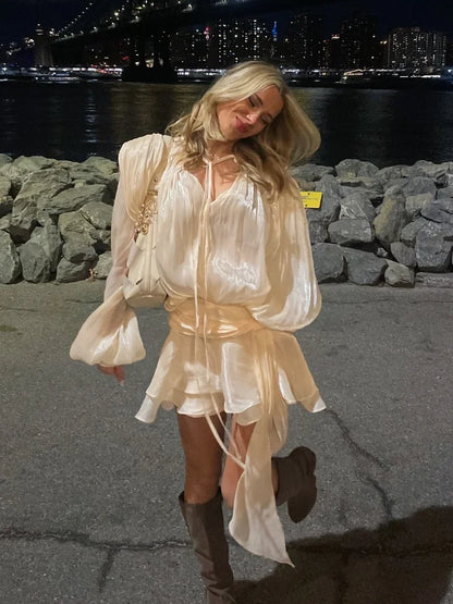 Elegant Ruched Mini Dress - Womens Lantern Sleeve High Waist Fashion 2025 - ZOOMNSTORE