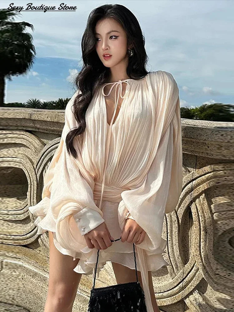 Elegant Ruched Mini Dress - Womens Lantern Sleeve High Waist Fashion 2025 - ZOOMNSTORE