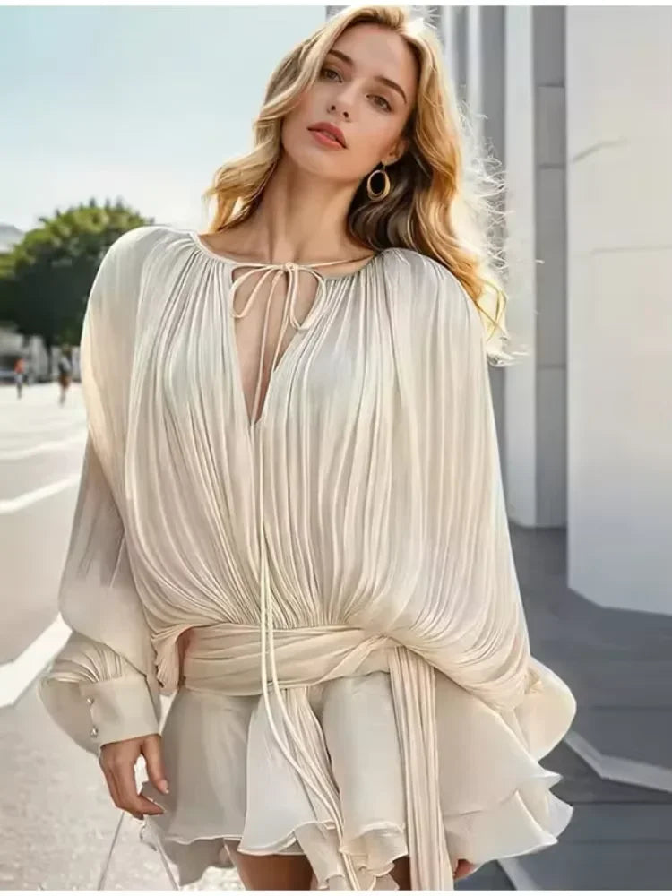 Elegant Ruched Mini Dress - Womens Lantern Sleeve High Waist Fashion 2025 - ZOOMNSTORE