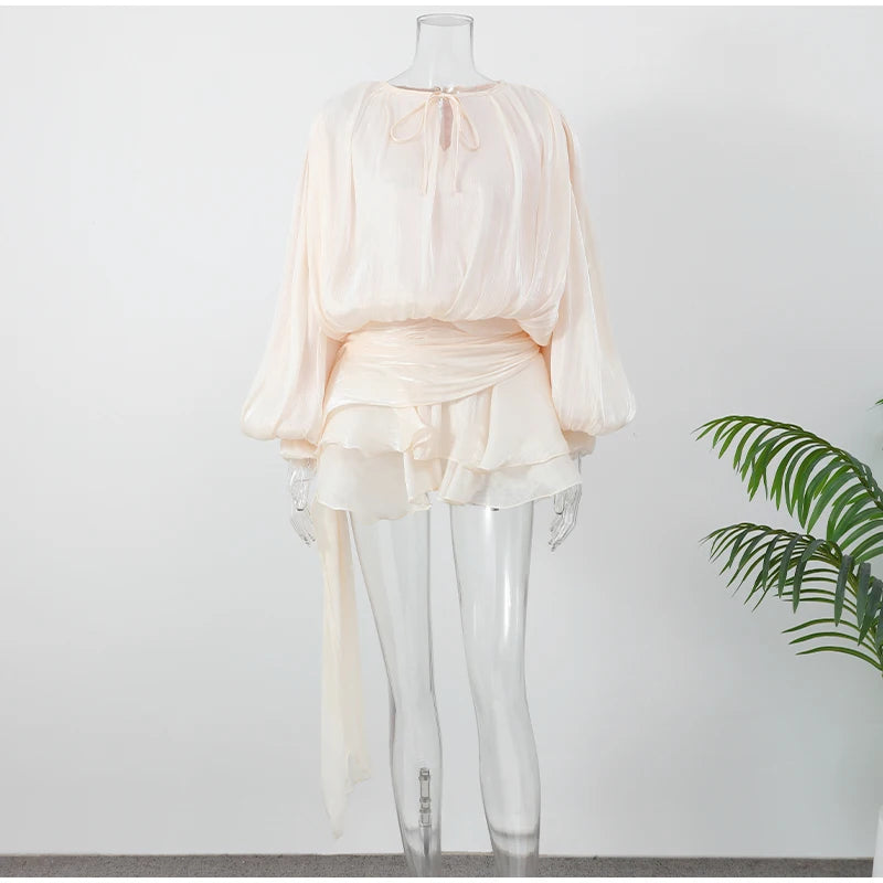 Elegant Ruched Mini Dress - Womens Lantern Sleeve High Waist Fashion 2025 - ZOOMNSTORE