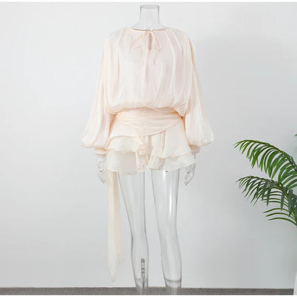 Elegant Ruched Mini Dress - Womens Lantern Sleeve High Waist Fashion 2025 - ZOOMNSTORE