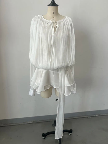 Elegant Ruched Mini Dress - Womens Lantern Sleeve High Waist Fashion 2025 - ZOOMNSTORE