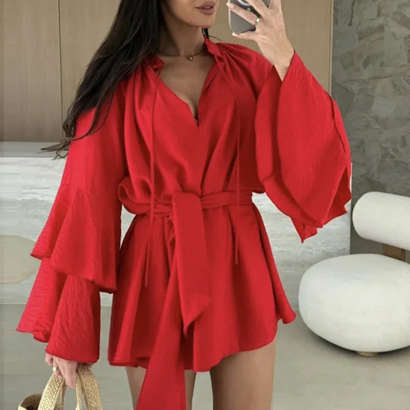 Ruffle Mini Dress - Casual Flare Sleeve Deep V-neck Holiday Dress - ZOOMNSTORE