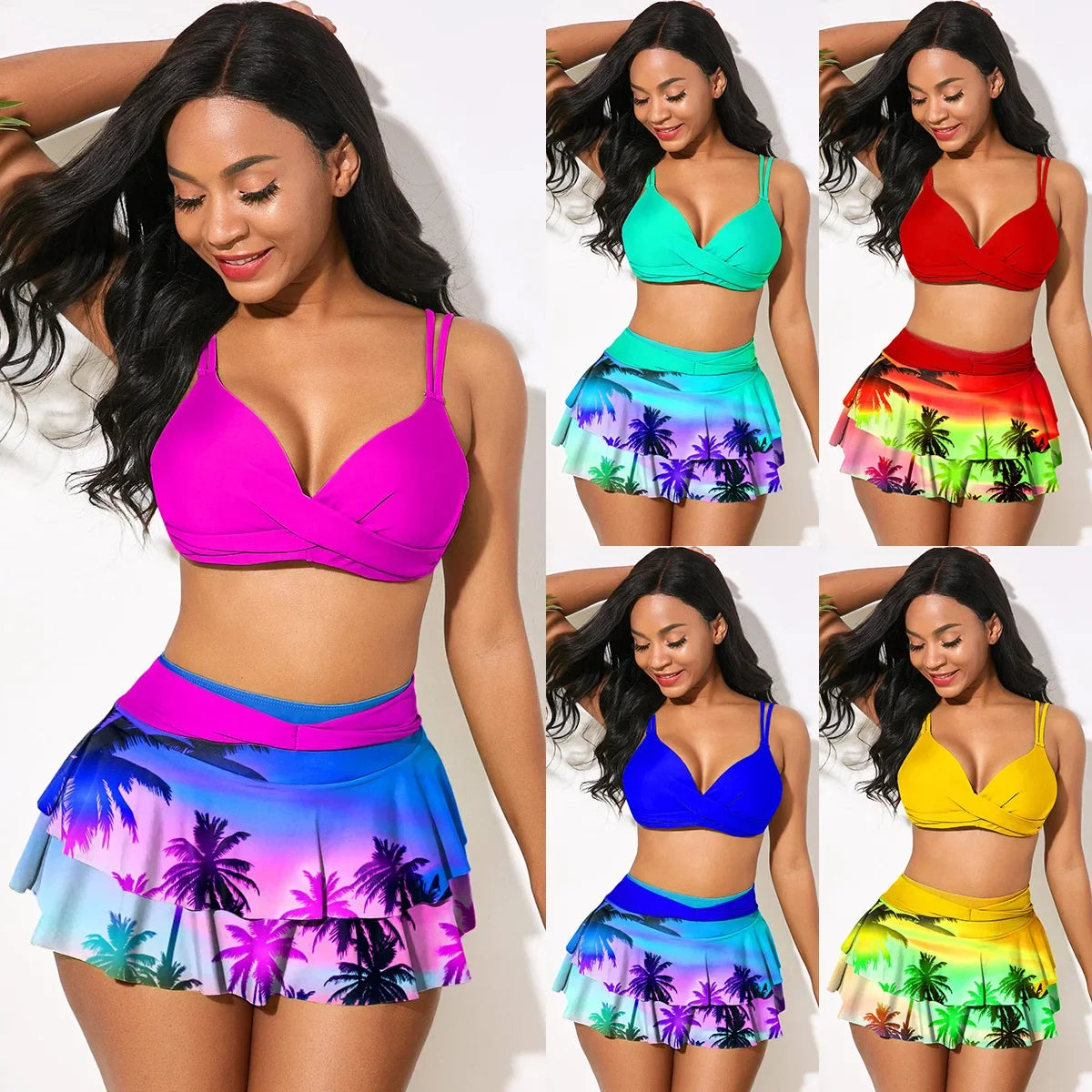 Ruffled Bikini Set Plus Size Swimwear - Push Up Cross Back Swimsuit with Skirt - ZOOMNSTORE