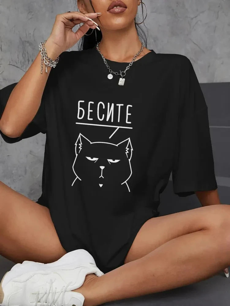 Russian Script T-Shirt - 100 Cotton Casual Summer Tee for Women - ZOOMNSTORE