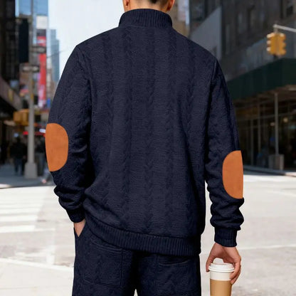 Men's Waffle Knit Quarter Zip Pullover with Contrast Trim and Elbow Patches Casual Long Sleeve Sweater