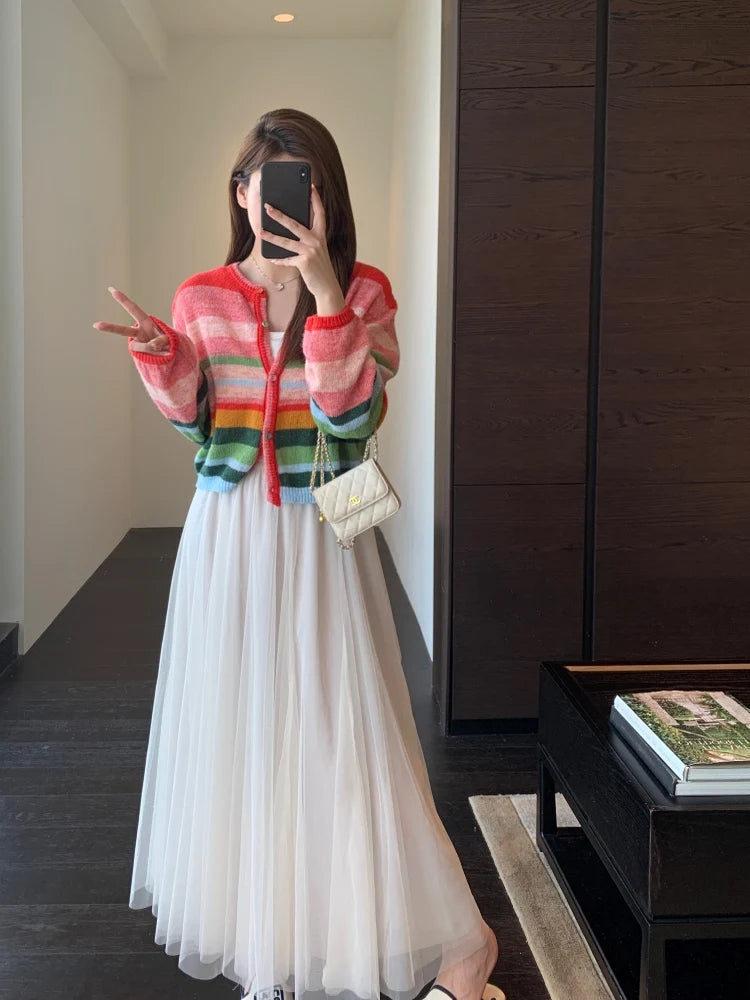 Soft Rainbow Striped Knitted Open Cardigan Long Sleeve Women's Top Trendy Lazy Style Early Autumn Fashionable Sweater Jacket