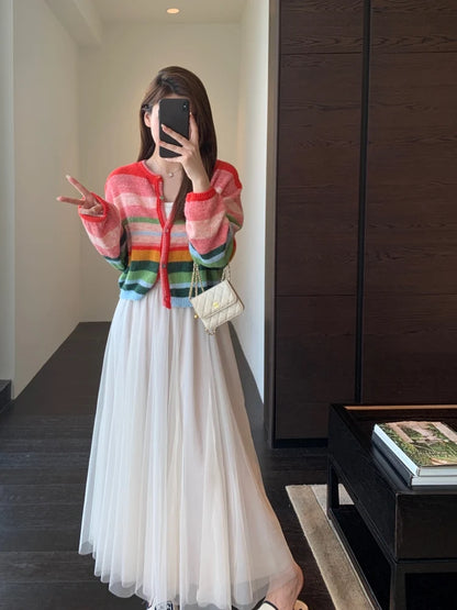 Soft Rainbow Striped Knitted Open Cardigan Long Sleeve Women's Top Trendy Lazy Style Early Autumn Fashionable Sweater Jacket