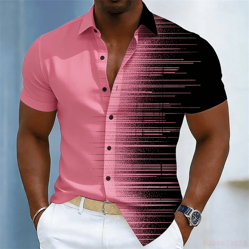 Men's color-blocked abstract striped short-sleeved shirt, summer fashion casual men's shirt, Hawaiian shirt, sizes XS-6XL.