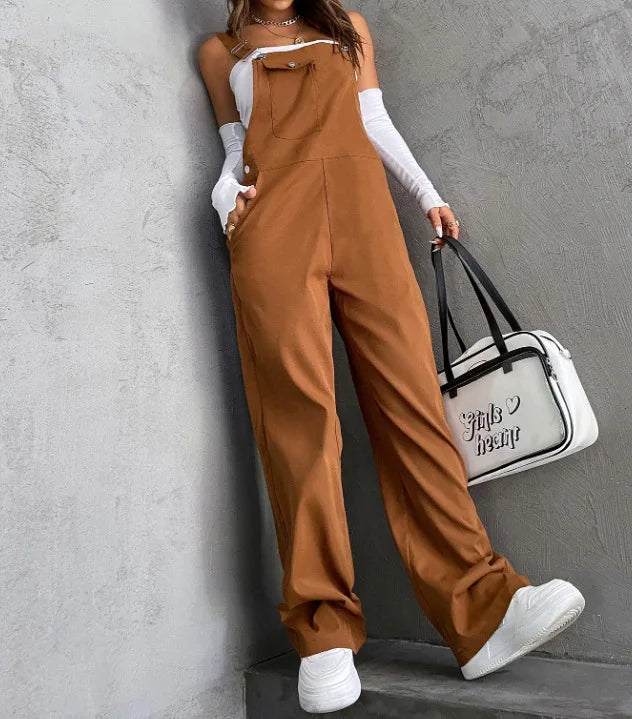 Retro Pocket Solid Color Straight Leg Utility Overalls Loose Fashion Casual Pants