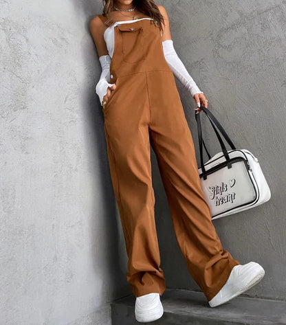 Retro Pocket Solid Color Straight Leg Utility Overalls Loose Fashion Casual Pants