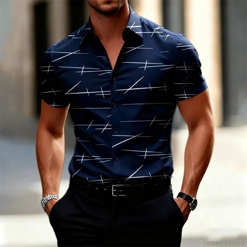 18 Colors 2026 New Men's Fashion Geometric Line Print Short-sleeved Shirt Urban Casual Style Slim Lapel Shirt Comfortable Fabric