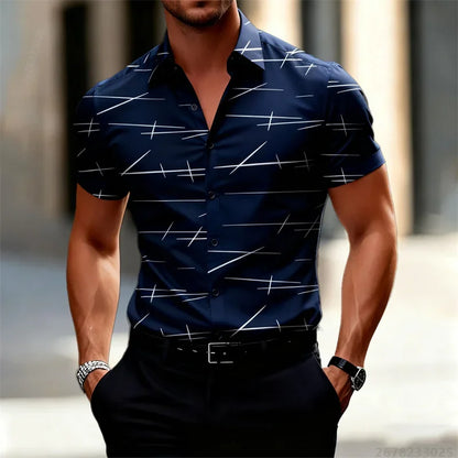 18 Colors 2026 New Men's Fashion Geometric Line Print Short-sleeved Shirt Urban Casual Style Slim Lapel Shirt Comfortable Fabric