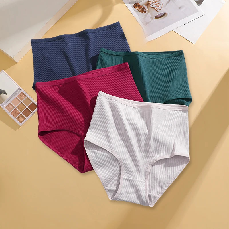 FINETOO 4 Pieces High Waist Women's Unicolor Seamless Panties Oversized Women's Underwears Solid Color S-XXL Cotton Pantys