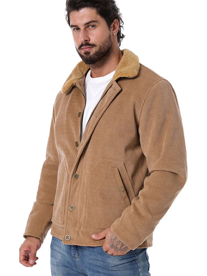 Men's Winter Corduroy Jacket Fleece Warm  Lined Cargo Work Jacket Casual Thick Sherpa Collar Trucker Deck Navy Coats