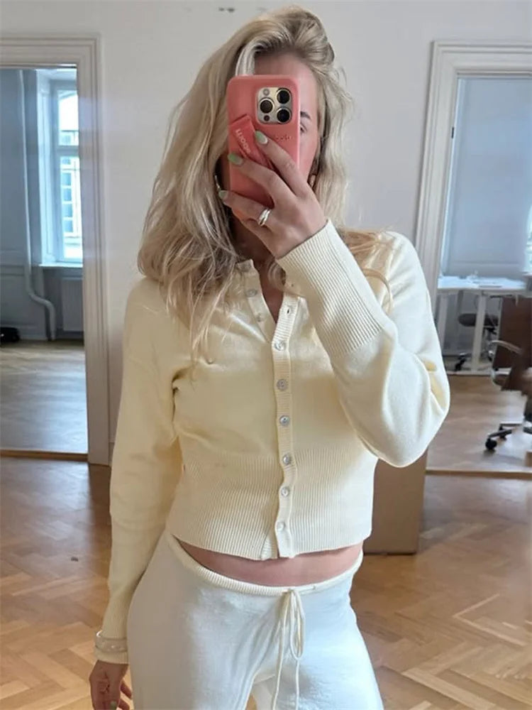 Tossy Casual Knit Cardigan Top For Women Long Sleeve Ribbed Patchwork Slim Elegant Loose Cropped Top Female Knitwear Cardigan