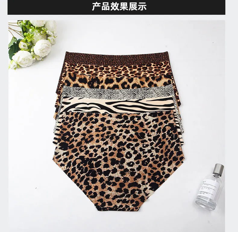 3pcs Women's Seamless Ice Silk Panties Female Mid Waist Plus Size Leopard Print Underwear Girls Fashion Brief Lady Comfort Panty