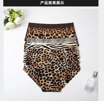 3pcs Women's Seamless Ice Silk Panties Female Mid Waist Plus Size Leopard Print Underwear Girls Fashion Brief Lady Comfort Panty