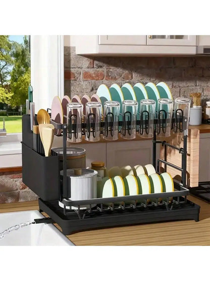 Stozle Double-Layer Dish Drying Rack For Kitchen Countertops, With Drainer Tray, Dish Drying Rack, Kitchen Organization And Stor