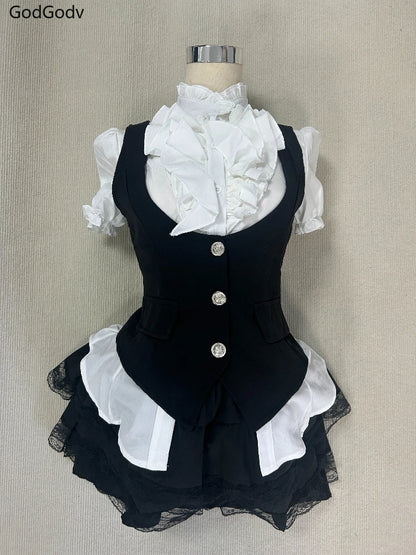 Summer Vintage Elegant Y2K Woman 2 Piece Sets Punk Gothic Strapless Crop Tops +High Waist Ruffle Skirt Female Party Outfits 2025