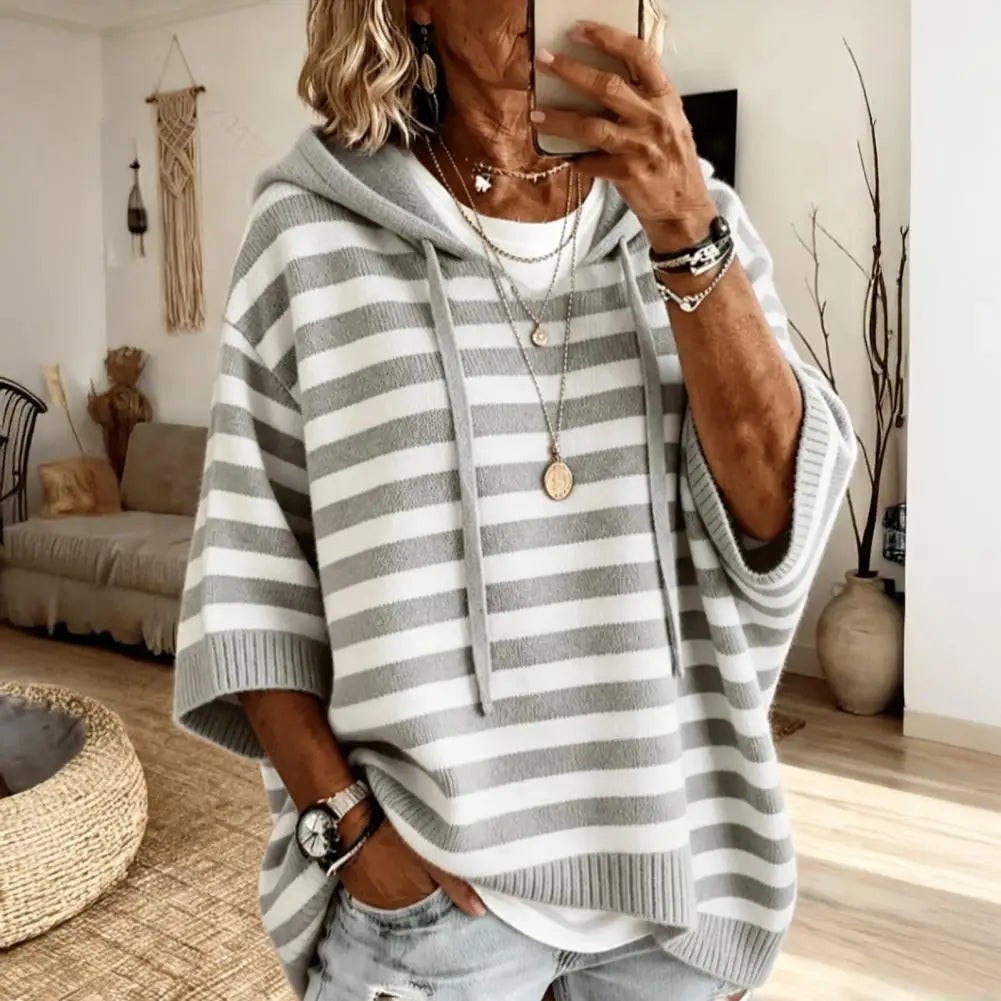 Hooded Pullover Top Women’s Hooded Striped Knit Sweater Loose Half Sleeve Pullover Autumn Winter Drawstring Hoodie for Comfort