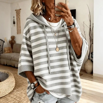 Hooded Pullover Top Women’s Hooded Striped Knit Sweater Loose Half Sleeve Pullover Autumn Winter Drawstring Hoodie for Comfort