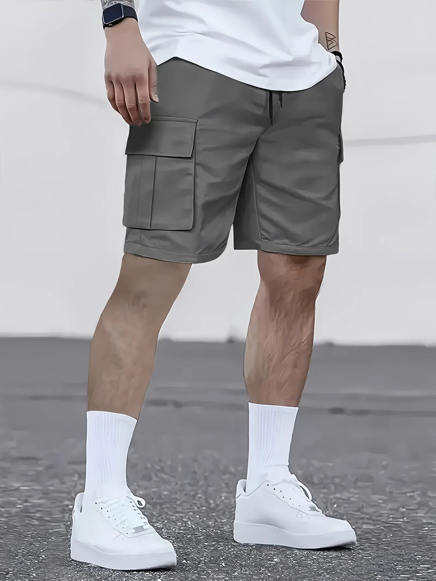 Men's Work Shorts - Multi-Pocket Cargo, Elastic Waistband, Breathable Polyester
