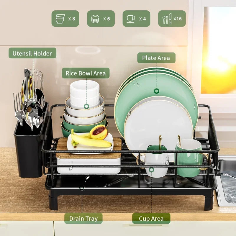 Metal Dish Draining Rack,Cutlery Rack With Drain Tray and Drip Line,Cup Holder,Cutlery Holder,Kitchen Countertop Storage Rack