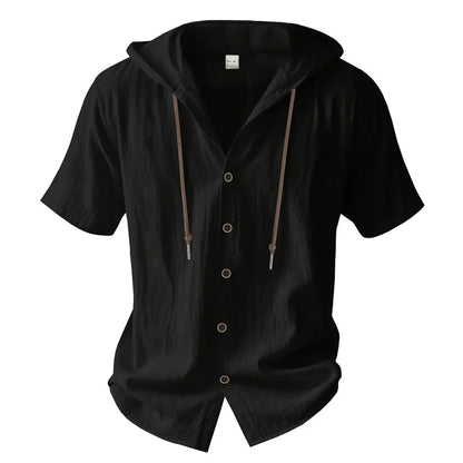 Cotton Linen Shirt for Men Hooded Short Sleeve Solid Color Breathable Lightweight Drawstring Design Shirts Casual Basic Tees
