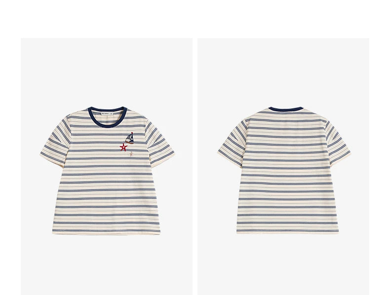 Women's Nautical Stripe T-Shirt – Embroidered Sailboat Summer Top