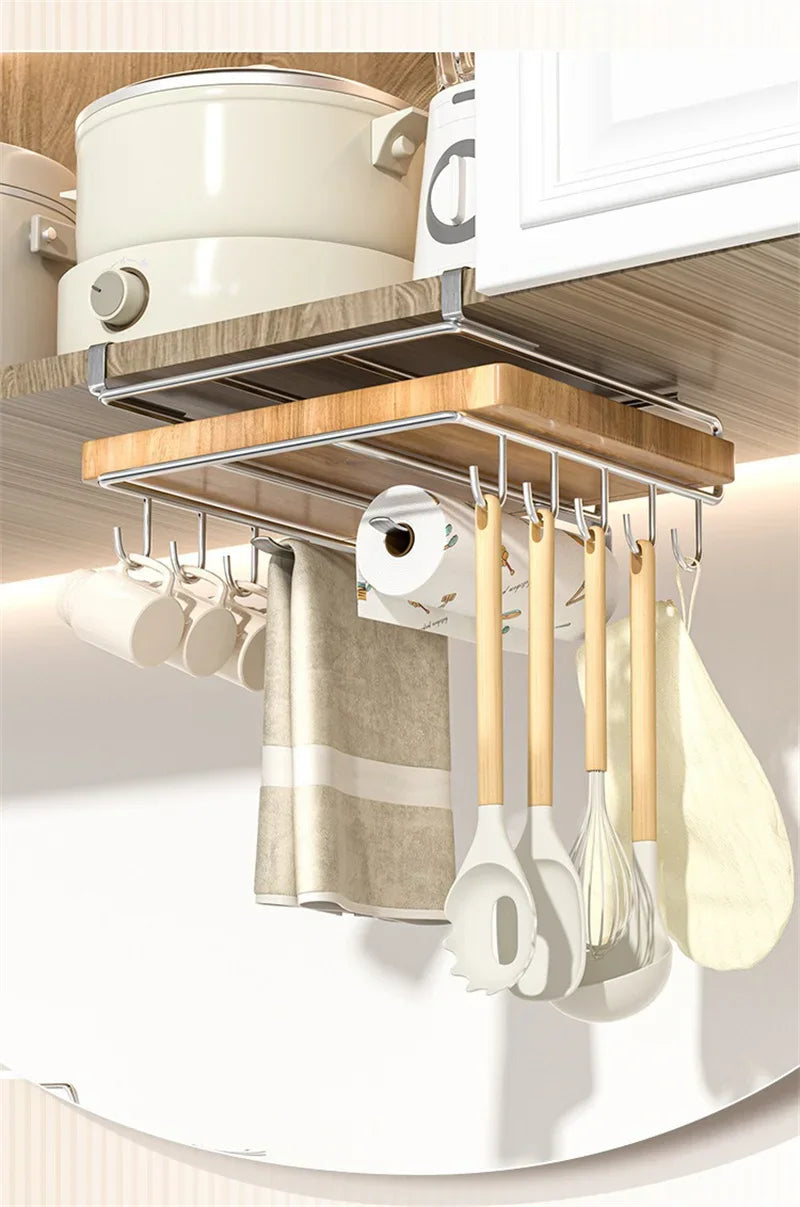 Kitchen Organizer Rack - Stainless Steel Hanging Kitchen Rack with Hooks for Cutting Board, Paper Towel & Pot Lid Storage
