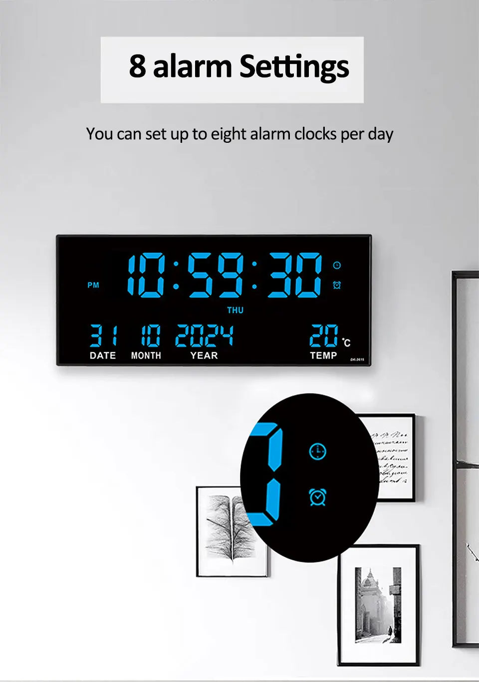Large Digital Wall Clock with Alarm Temperature  Date Display - 14 LED Plug-In Clock