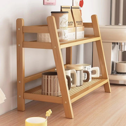 Coffee Station Organizer - 2 Tier Wicker Look Bamboo Mug Holder Shelf