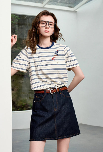 Women's Nautical Stripe T-Shirt – Embroidered Sailboat Summer Top