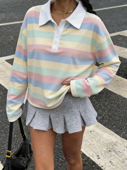 Women's Autumn Casual Lapel Button Color Block Geometric Pattern Long Sleeve Hoodie Top for Daily Travel