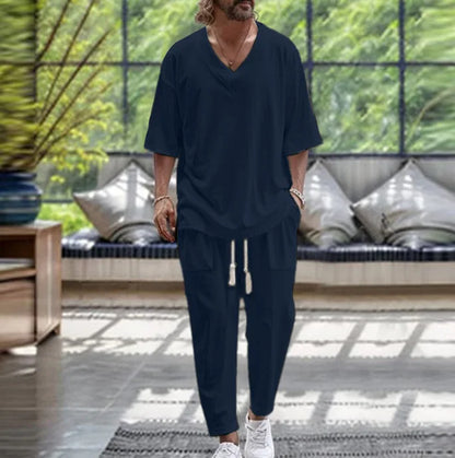 Summer Casual Trousers Set Cotton Linen 2 Piece Men's V-neck Short Sleeve T-shirt and Pants Hawaiian Beach Cotton and linen Set