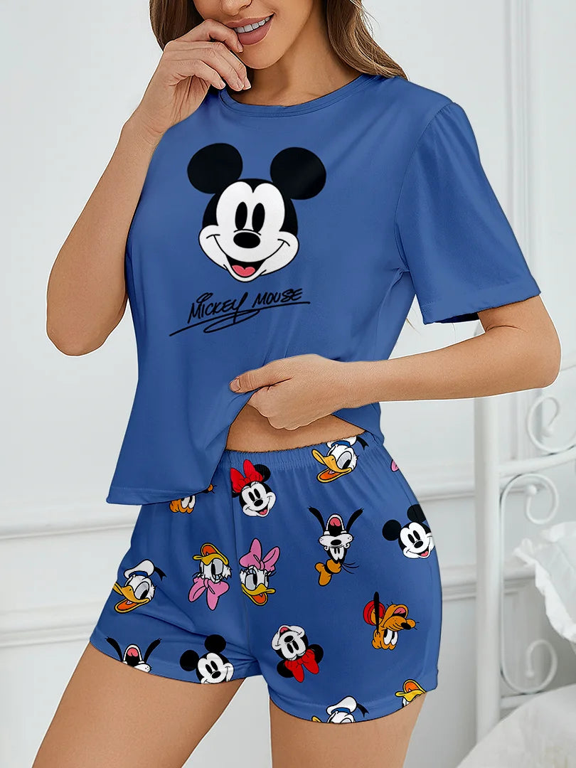 Women's 2-piece Disney Mickey and Friends Cute Cartoon Pattern Short sleeved Top and Shorts Pajamas Home Clothes