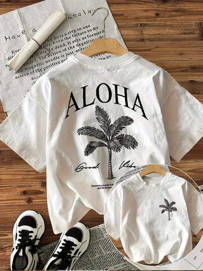 Children's palm tree pattern printed short-sleeved round-neck casual short-sleeved T-shirt, suitable for daily wear in summer