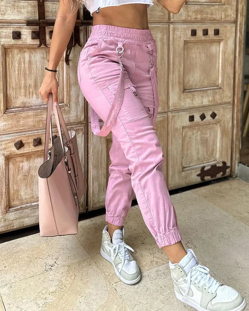 Women's Cargo Pants Casual Trousers 2026 Spring Autumn Solid Color Trend Street Pocket Design Cuff Suspenders Streetwear Women