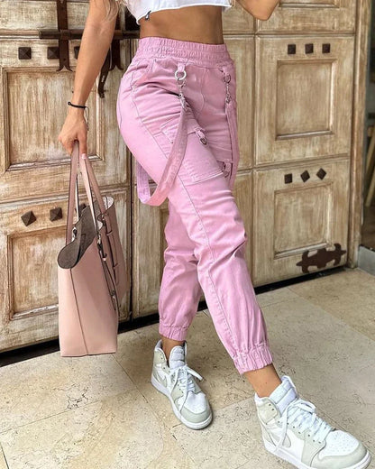 Women's Cargo Pants Casual Trousers 2026 Spring Autumn Solid Color Trend Street Pocket Design Cuff Suspenders Streetwear Women