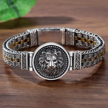 New Silver Color Round Lion King Tangcao Charm Bracelet Men's Trendy Retro Domineering Versatile Personalized Braided Jewelry
