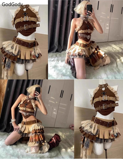 Summer Vintage Elegant Y2K Woman 2 Piece Sets Punk Gothic Strapless Crop Tops +High Waist Ruffle Skirt Female Party Outfits 2025