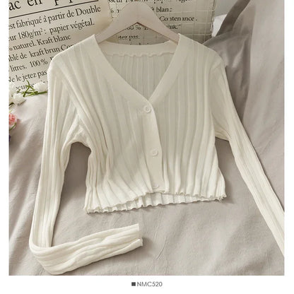 Women's Acrylic Long Sleeve V-Neck Button-Down Slim Cropped Ribbed Knit Cardigan Thin Solid Stretch Crop Top Knitwear