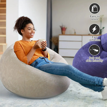 Portable inflatable lounge chair, comfortable flocked air sofa, easy setup, durable for indoor & outdoor use