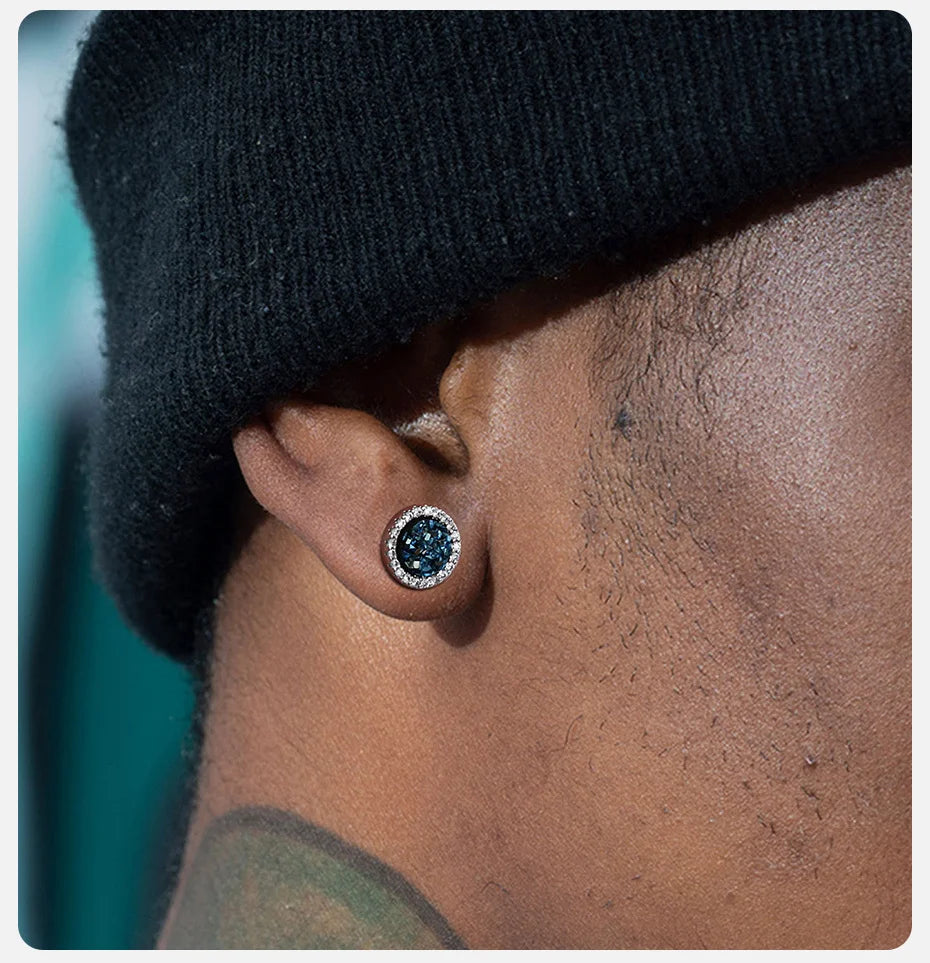 Vnox Black Crystal Round Circle Earrings for Men, Full Blue CZ Stone Ring Stud Earrings, Gothic Simple Piercing Ear Jewelry