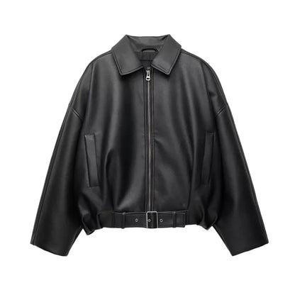 Vintage Leather Bomber Jacket – Women's PU Leather Zip Jacket With Belt & Patchwork Design