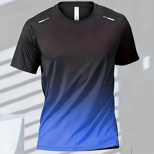 New men's summer gradient print comfortable and breathable round neck T-shirt outdoor casual quick drying top