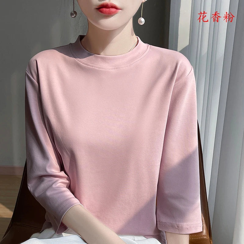 Cotton Cropped T-Shirt - Women's Semi-High Neck Loose Fit Three Quarter Sleeve Top