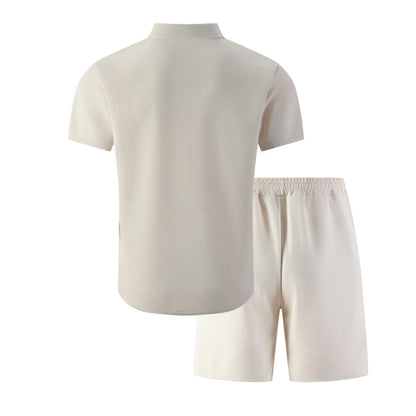 Summer New Men Waffle Knit Polo Solid Color Lapel Short Sleeve Cardigan Shirt Pocket Shorts Set Casual 2 Piece Outfit For Male
