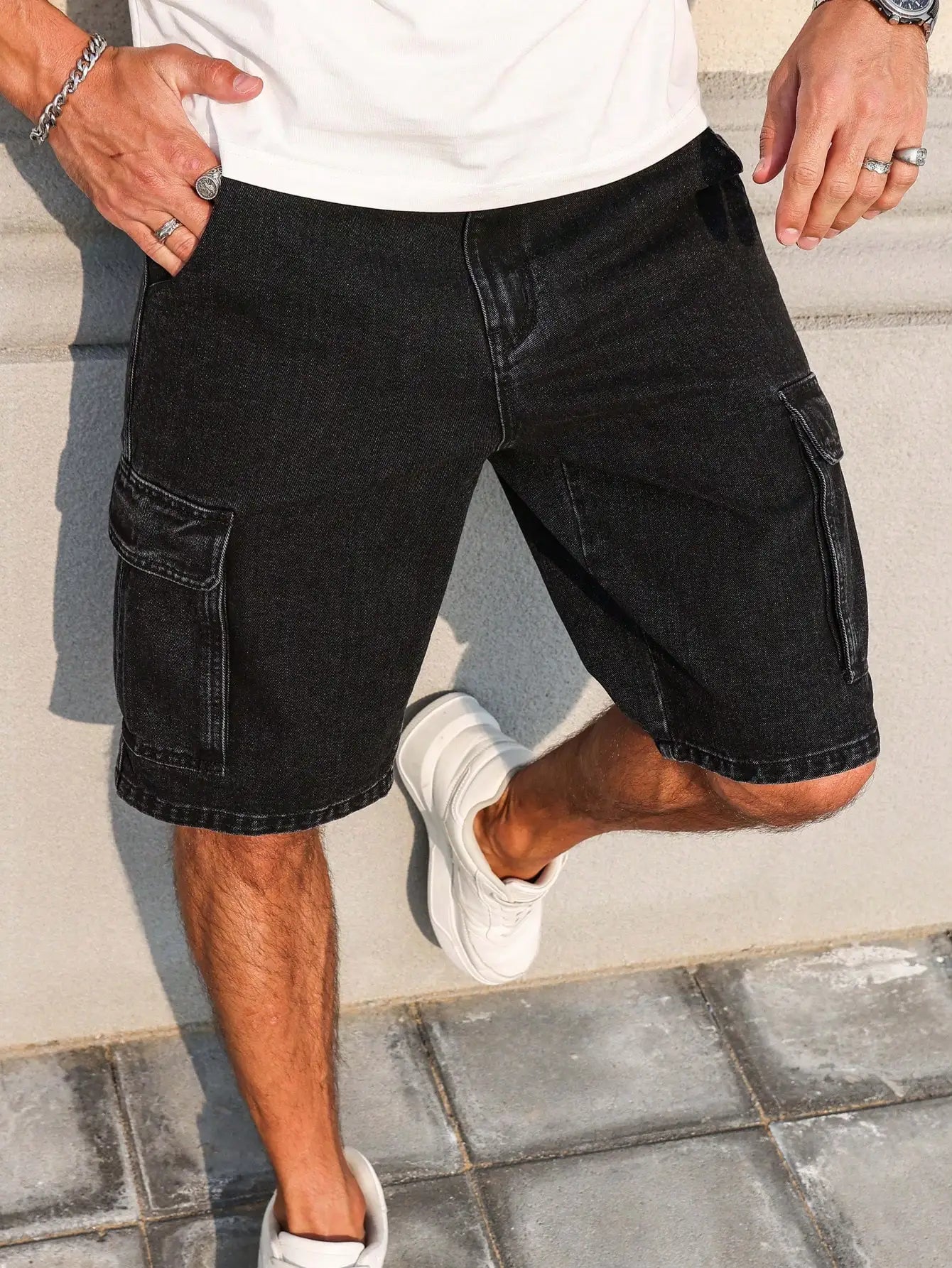 Men's Denim Shorts - Black Summer Workwear Shorts With Multiple Pockets
